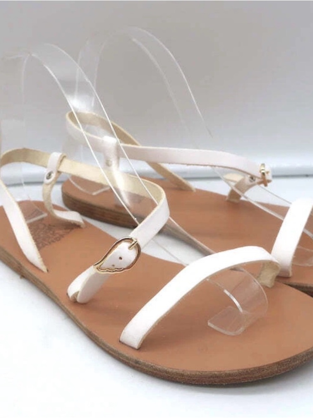 Ancient Greek Sandals White Leather Strappy Flat Sandals with Gold Buckle